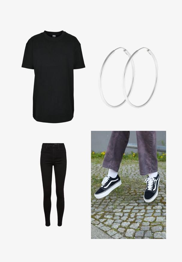 Must lühikeste varrukatega ümara kaelusega T-särk suuruses XS, mille krae sees on "Urban Classics" silt.; Mustad must-happened teksased kõrge vöökoht, viie tasku disain, vööd loops, ja peened õmblusdetailid. Silmapaistmatu tekstuur, keha kujuga silhouette.; Mustad nubukist spordijalatsid valgete detailidega, millel on ümar nina, paks valge tald ja klassikaline sidumise disain, kantud valgete sokkide ja lilla pükste juurde.; Hõbedaste tooni rõngaste kõrvarõngad, millel on sile, ümar kuju ja poleeritud viimistlus. Mõlemad kõrvarõngad on sama suurusega ning neil on kindel sulgemismehhanism.