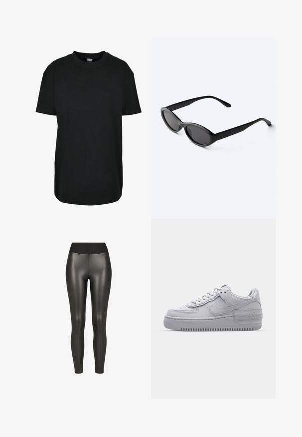 Sort kortærmet T-shirt med rund hals i størrelse XS med "Urban Classics" mærke inde i kraven.; Sorte højtaljede leggings i kunstlæder med en glat, skinnende finish og ankellængde på en hvid baggrund.; Grå Nike Air Force 1 sneakers med perforeret tå, glat læderoverdel, tyk sål og præget 'AIR' detalje på hælen.; Slanke sorte ovale solbriller med mørke linser og lige arme, hvilende på en hvid overflade.