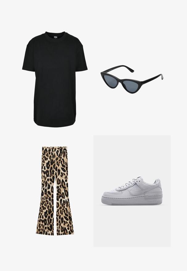 Schwarzes T-Shirt mit kurzen Ärmeln und Rundhalsausschnitt in Größe XS mit dem Etikett "Urban Classics" innen am Kragen.; Schlaghosen mit einem Leopardenmuster in Schwarz- und Brauntönen, gerippter Textur und hohem Taillendesign.; Graue Nike Air Force 1 Sneaker mit perforierter Zehenpartie, Obermaterial aus glattem Leder, dicker Sohle und geprägtem 'AIR'-Detail an der Ferse.; Schwarze Cat-Eye-Sonnenbrille mit dunkelgrauen Gläsern, schlankem Kunststoffrahmen, spitzen Ecken und geraden Bügeln. Keine sichtbaren Befestigungen oder Akzente.