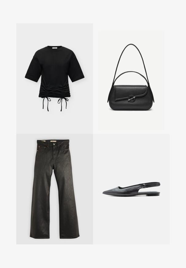 Camiseta negra de manga corta con cuello redondo y cordones fruncidos ajustables en el dobladillo sobre un fondo claro y liso.; Pantalones de mezclilla anchos negros con una textura suave, que presentan cinco bolsillos y detalles en metal color cobre. Cierre clásico con botón.; Zapato plano de piel negra con punta puntiaguda, talón bajo y tira ajustable en el talón sobre fondo claro.; Bolso de cuero negro con bordes redondeados, solapa asimétrica, cierre circular de metal y correas de hombro cortas y largas.