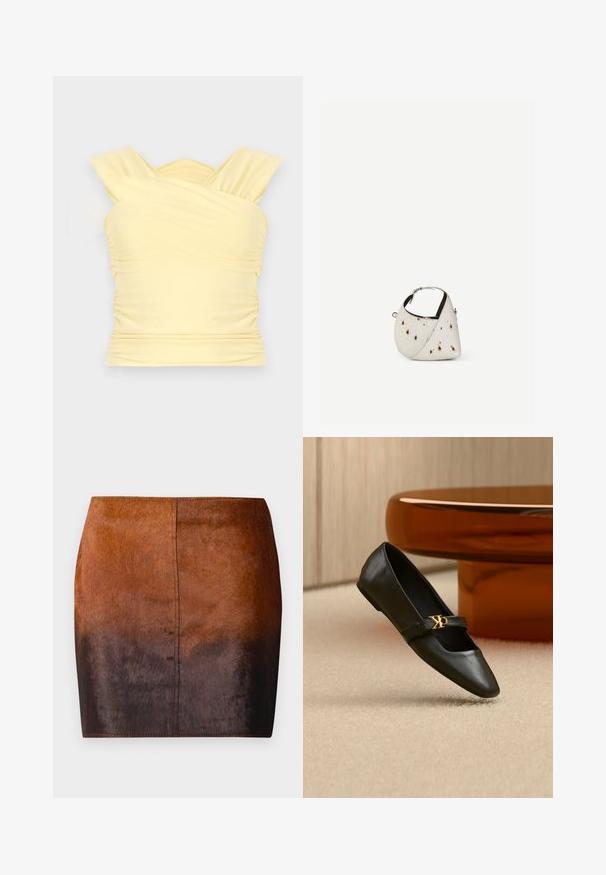 Top sans manches jaune avec des bretelles croisées, des détails froncés et une coupe ajustée. Fabriqué en tissu lisse et extensible.; Jupe mini dégradé brun en matériau doux, présentant une texture lisse, une silhouette ajustée et des coutures précises le long des bords.; Chaussure plate en cuir noir avec bout pointu et logo CK doré sur la bride, posée sur un tapis beige près d'une table ronde couleur ambre brun.; Petit sac à main blanc avec des taches marron, forme triangulaire arrondie, doublure intérieure noire et bandoulière courte réglable avec boucle argentée.