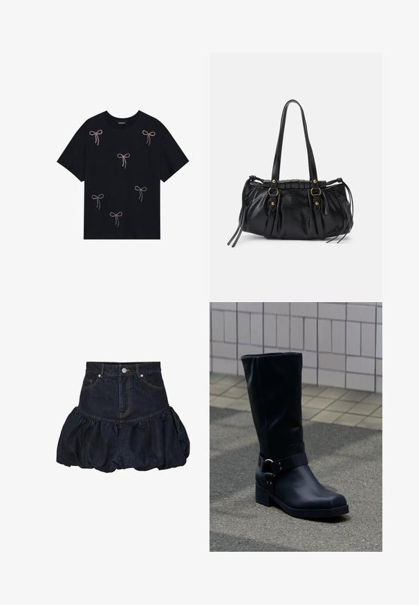 Schwarzes Baumwoll-T-Shirt mit mehreren mit Strass verzierten Schleifenmotiven auf der Vorderseite. Rundhalsausschnitt und kurze Ärmel.; Dunkelblaue Jeansrock mit einer taillierten Taille und einem gerafften, puffigen Rüschensaum. Verfügt über Fronttaschen und einen metallischen Knopfverschluss.; Schwarzer Lederstiefel bis zur Mitte der Wade mit niedrigem Blockabsatz und dekorativem Riemen mit Metallschnalle um den Knöchel, auf einem gefliesten Gehweg.; Schwarze Lederhandtasche mit runder Form, doppelten Griffen, dekorativen Hardware-Details und seitlichen Bindebändern. Glatte, glänzende Textur.