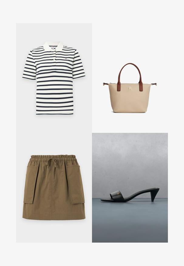 Polo à manches courtes rayé blanc et bleu marine avec un col blanc et trois boutons sur le devant.; Jupe olive, longueur genoux, avec une taille élastique, un cordon de serrage et deux grandes poches latérales. Fabriquée en tissu léger avec des coutures visibles.; Sandale à talon ouverte en cuir noir avec un logo doré sur la bride, flottant au-dessus d'une surface extérieure carrelée avec de la verdure en arrière-plan.; Sac fourre-tout beige avec poignées marron, petit logo doré centré sous les poignées, et fermeture éclair en haut.