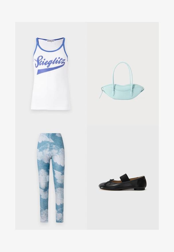 Hvid tanktop med blå kant og en stor blå "Stieglitz" grafik på forsiden. Fremstillet af glat, letvægtsstof.; Leggings med en blå denim baggrund og hvide sky mønstre. Stoffet synes strækbart med en tætsiddende design og ankel længde.; Sorte læder ballet flats med en rund tå, en lille knude detalje og et elastisk bånd over vristen for en sikker pasform. Flad sål.; Lyseblå læderhåndtaske med en unik bølget form, dobbelt håndtag og lynlåslukning. Glat tekstur med minimalistiske design accenter.
