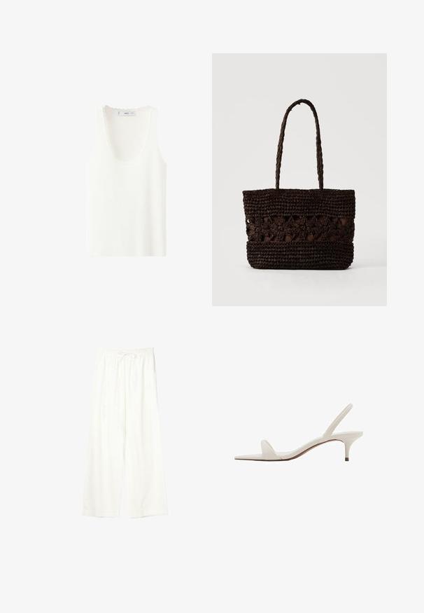Débardeur blanc côtelé sans manches avec encolure dégagée et bords festonnés, posé à plat sur fond blanc.; Pantalon blanc à jambes larges avec taille élastique et cordon de serrage, en tissu léger.; Sandale blanche à bout ouvert avec bride arrière et petit talon kitten, dotée d'une seule lanière avant.; Sac fourre-tout tissé brun foncé avec des motifs floraux et deux longues poignées tressées sur un fond clair uni.
