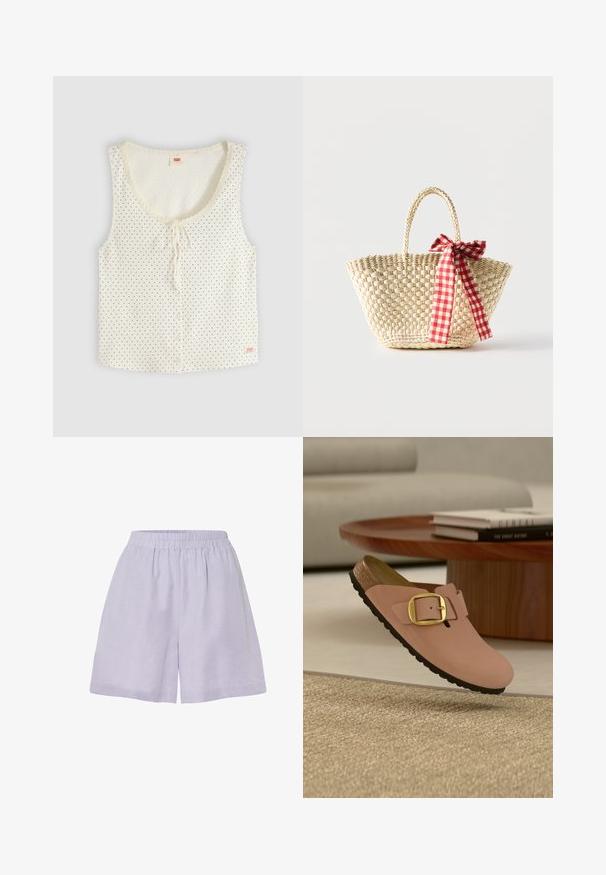 Witte mouwloze blouse met kleine zwarte stippen, knopen aan de voorkant, ronde halslijn met strik en subtiele kanten afwerking rond de hals.; Licht paarse shorts van zacht materiaal met een elastische tailleband en een relaxte pasvorm, met een eenvoudige, onversierde uitstraling.; Enkele roze instapschoen met goudkleurige gesp en zwarte zool die boven een beige gestructureerd tapijt zweeft, met een houten salontafel en boeken op de achtergrond.; Gevlochten strooien tas met gevlochten handvatten en een rood-wit geruit lint dat aan één zijde in een strik is gebonden.