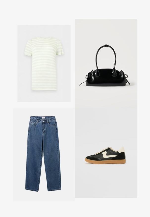 T-shirt met korte mouwen en ronde hals met horizontale lichtgroene en witte strepen, plat weergegeven tegen een witte achtergrond.; Klassieke blauwe denim jeans met een rechte pijp, vijf zakken en een knoopsluiting. Heeft een middelgrote wasbeurt en stevige textuur.; Zwarte suède en leren sneaker met een crèmekleurige zij-swoosh en lichte crèmekleurige hiel. Voorzien van beige veters en een gumrubberen zool.; Kleine zwarte glanzende handtas met twee lange hengsels en zijkant trekkoord details op een effen lichte achtergrond.
