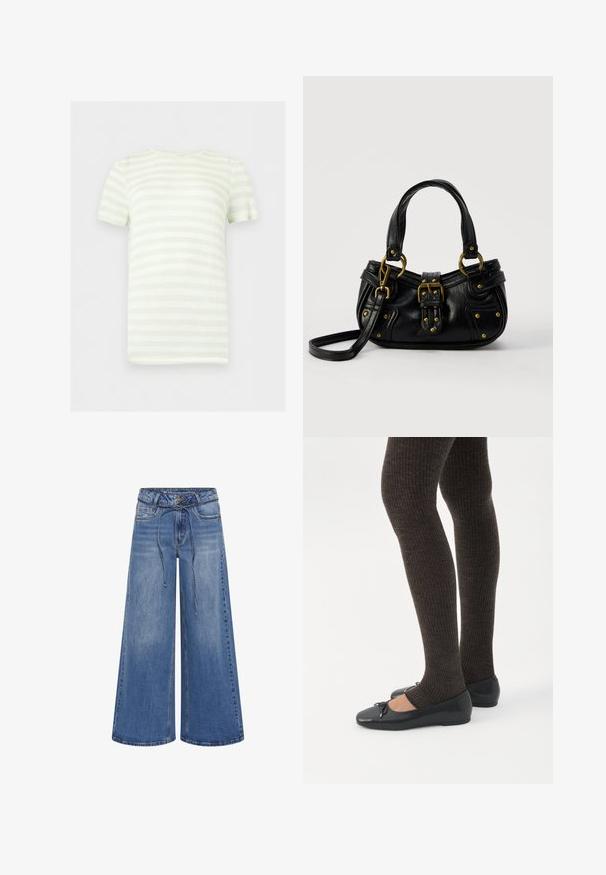 T-shirt met korte mouwen en ronde hals met horizontale lichtgroene en witte strepen, plat weergegeven tegen een witte achtergrond.; My Essential Wardrobe MWKARO 144 MID XWIDE - Wide leg - medium blue wash; Benen met donkere geribbelde leggings gecombineerd met zwarte ballerina's met kleine strikdetails op een witte achtergrond.; Zwarte leren handtas met gouden gesp en klinknagel details, korte handvatten en een verstelbare schouderriem op een effen witte achtergrond.