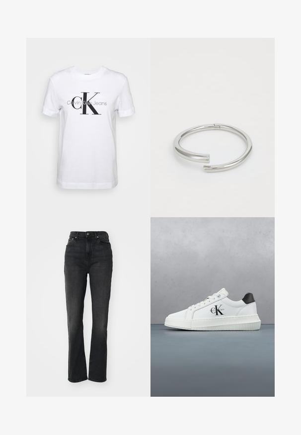 Witte katoenen t-shirt met korte mouwen, voorzien van een groot zwart "CK" logo en de tekst "Calvin Klein Jeans" eronder in het grijs.; Hoge zwarte denim jeans met rechte pijpen, vijf-pocket ontwerp, sluiting met een knoop aan de voorkant en minimale stikseldetails.; Witte lage sneaker met zwarte hiel tab, plateauzool, veters en Calvin Klein "CK" logo aan de zijkant.; Calvin Klein SPIRAL - Armband - silver-coloured