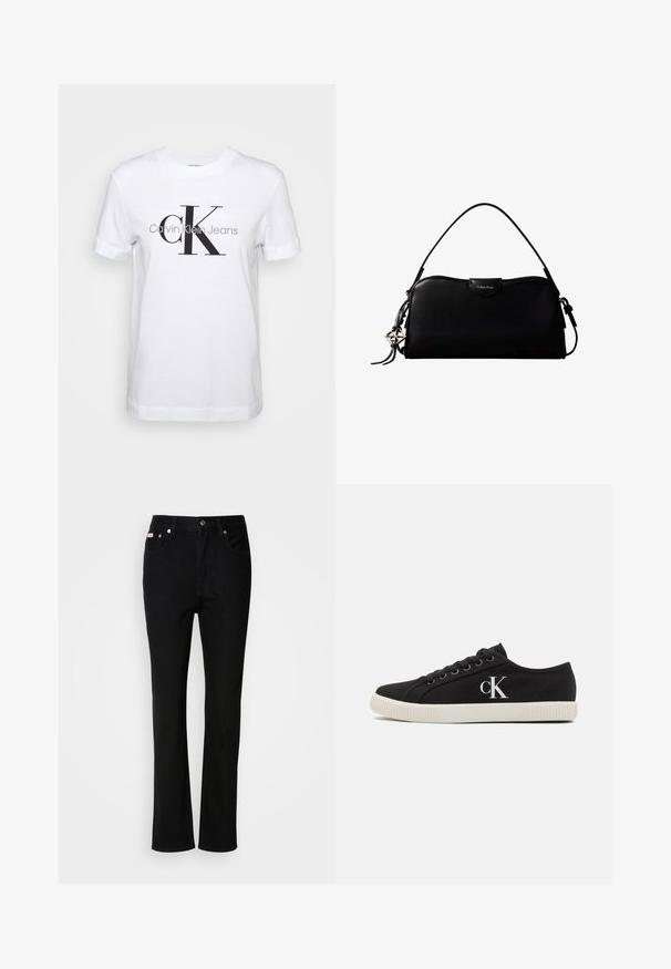 Hvid bomulds T-shirt med korte ærmer, prydet med et stort sort "CK" logo og teksten "Calvin Klein Jeans" nedenfor i grå.; Sorte lige ben jeans med frontknap og lynlås, belteklip og fem-lomme design.; Sorte kanvas sneakers med en hvid gummisål, rund tå og "CK"-logo på siden. Snørebåndsdesign for sikker pasform.; Sort rektangulær Calvin Klein håndtaske med enkelt toprem, sølvlogo vedhæng og lille klaplukning foran.