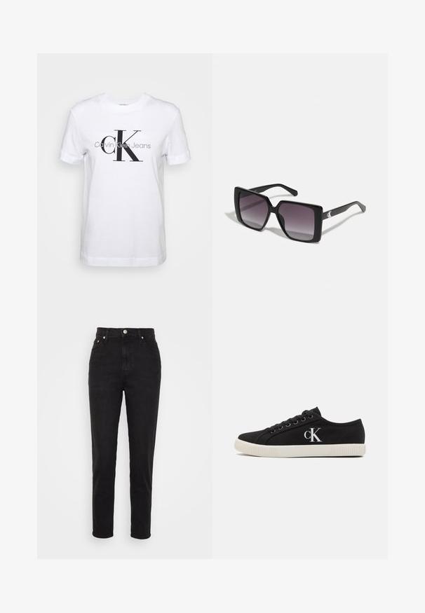 Hvid bomulds T-shirt med korte ærmer, prydet med et stort sort "CK" logo og teksten "Calvin Klein Jeans" nedenfor i grå.; Sorte højtaljede slim-fit jeans med frontknap, bæltesløjfer og fem-lomme design på hvid baggrund.; Sorte kanvas sneakers med en hvid gummisål, rund tå og "CK"-logo på siden. Snørebåndsdesign for sikker pasform.; Sorte firkantede solbriller med gradient grå linser. Blank ramme med rene linjer. Sølvlogo-aksecent på stængerne.