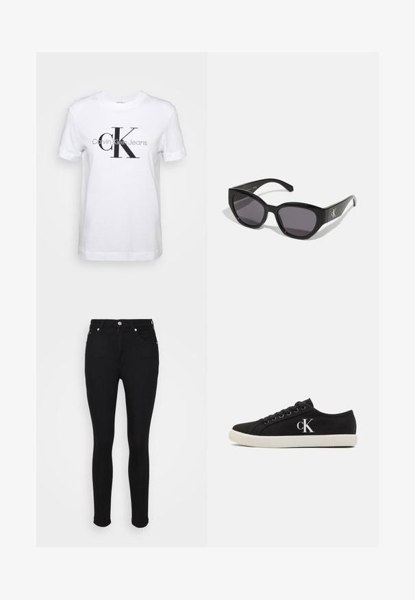 T-shirt en coton blanc à manches courtes, arborant un grand logo noir "CK" et le texte "Calvin Klein Jeans" en gris en dessous.; Jeans skinny noirs taille haute avec un bouton à l'avant, une fermeture éclair et un design à cinq poches, présentés sur un fond blanc plat.; Baskets en toile noires avec une semelle en caoutchouc blanche, bout rond et logo « CK » sur le côté. Design lacé pour un ajustement sécurisé.; Lunettes de soleil noires au design lisse et angulaire, avec des verres foncés et un logo en argent contrastant sur le côté. Texture en plastique lisse.