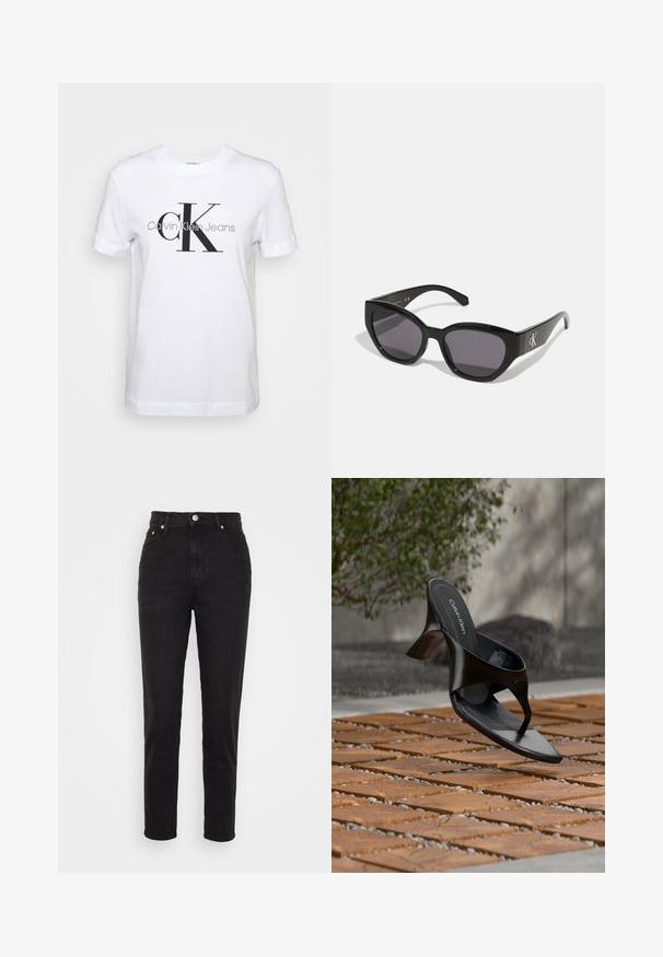 Hvid bomulds T-shirt med korte ærmer, prydet med et stort sort "CK" logo og teksten "Calvin Klein Jeans" nedenfor i grå.; Sorte højtaljede slim-fit jeans med frontknap, bæltesløjfer og fem-lomme design på hvid baggrund.; Sort Calvin Klein hæl-sandal med åben tå, der svæver over en udendørs flisebelagt overflade med grønne planter og en betonvæg i baggrunden.; Sorte solbriller med et strømlinet, vinklet design, mørke linser og et kontrasterende sølvlogo på siden. Glat plastoverflade.