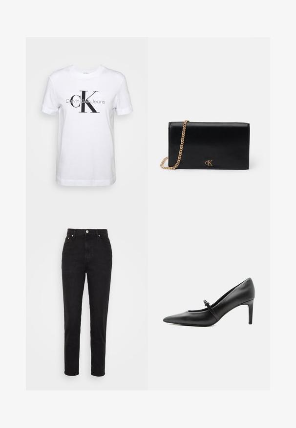 Valge puuvillane T-särk lühikeste varrukatega, millel on suur must "CK" logo ja allpool hall tekst "Calvin Klein Jeans".; Mustad kõrge vöökohaga kitsad teksad esiseppide, vöökummide ja viie taskuga disainiga valgel taustal.; Mustast nahast terava varbaga kõrge kontsaga king, millel on peen rihm ja pandlaga üle jala pealse, seisab neutraalsel heledal taustal.; Must mängi nahast klamberkott kuldse ahelaga rihmaga, ristkülikukujuline, esiküljel metallist logo. Sile tekstuur, minimalistik disain.