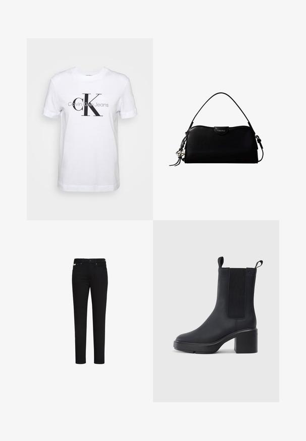 Hvid bomulds T-shirt med korte ærmer, prydet med et stort sort "CK" logo og teksten "Calvin Klein Jeans" nedenfor i grå.; Sorte slim-fit jeans med knap og lynlås foran, med for- og baglommer samt et lille mærke på den højre forlomme.; Sorte ankelstøvler i glat gummimateriale, med elastiske sidepaneler, blokhæle og trækskilt øverst for nem påtagning.; Sort rektangulær Calvin Klein håndtaske med enkelt toprem, sølvlogo vedhæng og lille klaplukning foran.