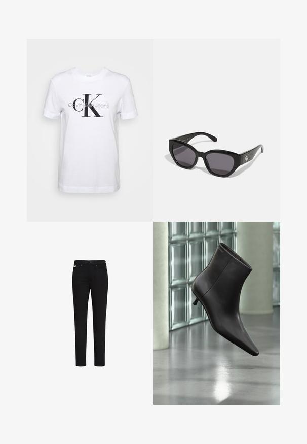 Witte katoenen t-shirt met korte mouwen, voorzien van een groot zwart "CK" logo en de tekst "Calvin Klein Jeans" eronder in het grijs.; Zwarte slim-fit jeans met knoop en rits aan de voorkant, met voor- en achterzakken en een klein label op de rechtervoorzak.; Zwarte leren enkellaars met puntige neus en lage hak, afgebeeld tegen een glazen blokkenmuur en gepolijste vloer op de achtergrond.; Zwarte zonnebril met een strak, hoekig ontwerp, donkere lenzen en een contrasterend zilveren logo aan de zijkant. Glad kunststof oppervlak.