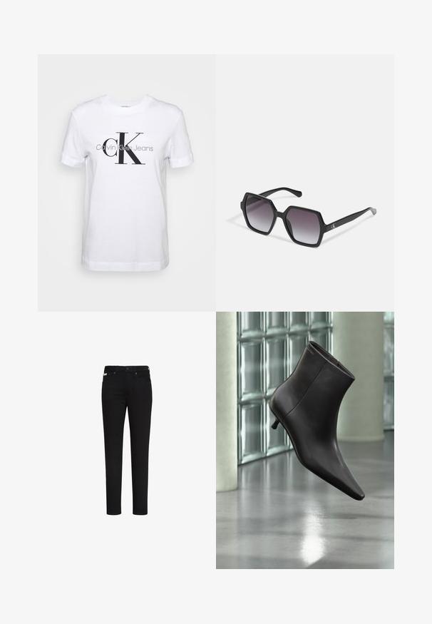 Hvid bomulds T-shirt med korte ærmer, prydet med et stort sort "CK" logo og teksten "Calvin Klein Jeans" nedenfor i grå.; Sorte slim-fit jeans med knap og lynlås foran, med for- og baglommer samt et lille mærke på den højre forlomme.; Sort læderankelstøvle med spids tå og lille hæl vist mod en væg af glasblokke og poleret gulv baggrund.; Sorte sekskantede solbriller med gradientlinser, med en glat overflade og diskret branding på stængerne. Holdbar plastkonstruktion.