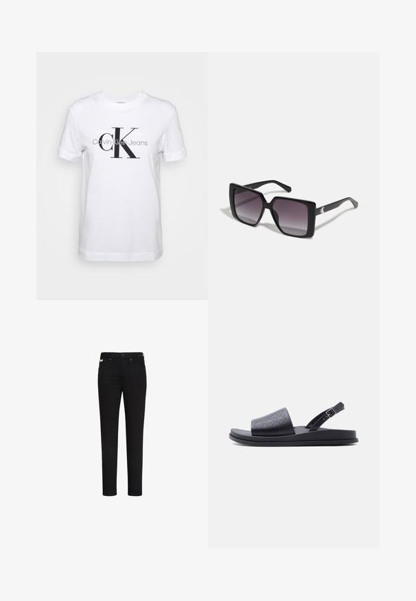 Λευκό βαμβακερό t-shirt με κοντά μανίκια, διαθέτει μεγάλο μαύρο λογότυπο "CK" και παρακάτω το κείμενο "Calvin Klein Jeans" σε γκρι.; Μαύρο στενό τζιν με μπροστινό κουμπί και φερμουάρ, με μπροστινές και πίσω τσέπες και μια μικρή ετικέτα στην δεξιά μπροστινή τσέπη.; Μαύρο επίπεδο σανδάλι με διάτρητο, φαρδύ εμπρόσθιο λουράκι και ρυθμιζόμενο λουράκι αστραγάλου με αγκράφα, σε απλό ανοιχτό φόντο.; Μαύρα τετράγωνα γυαλιά ηλίου με γραδίαν γκρι φακούς. Γυαλιστεροί σκελετοί με καθαρές γραμμές. Ασημένιο λογότυπο στον βραχίονα.