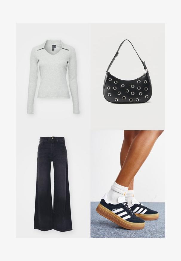 Lys grå langærmet V-hals bluse med krave, lavet af blødt, struktureret stof, der har en tætsiddende pasform og minimal detaljer.; Sorte højtaljede jeans med vide ben, foran med knapper og lynlås samt fem-lomme design.; Ben iført hvide sokker og sorte Adidas Gazelle sneakers med hvide striber og tykke brune såler på et gråt tæppe.; Sort læder skuldertaske med justerbar rem, dekoreret med sølvfarvede metalnitter og lukning med øverste lynlås.