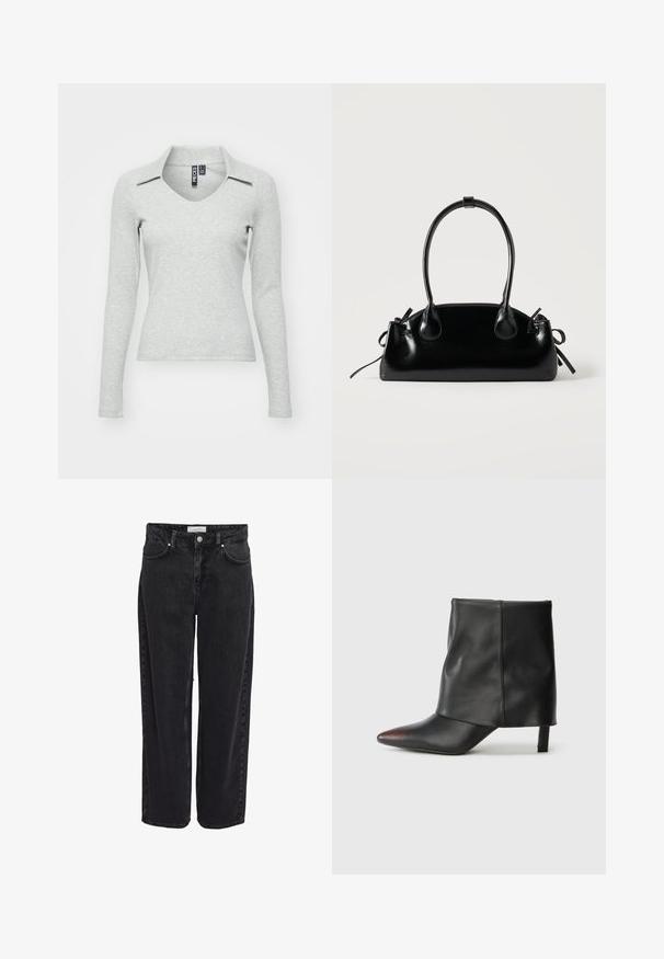 Hellgraues langärmliges V-Ausschnitt-oberteil mit Kragen, aus weichem, strukturiertem Stoff gefertigt, mit enganliegendem Design und minimalen Details.; Schwarze Denim-Jeans mit weitem Bein und hoher Taille, fünf Taschen und Reißverschluss. Glatte Textur mit minimal sichtbaren Nähdetails.; Schwarzer Knöchelstiefel aus glattem Leder mit spitzer Zehenpartie und schmalem Absatz. Das Obermaterial zeichnet sich durch ein leicht gerafftes Design aus.; Kleine schwarze glänzende Handtasche mit zwei langen Griffen und seitlichen Kordelzug-Details vor einfachem hellem Hintergrund.