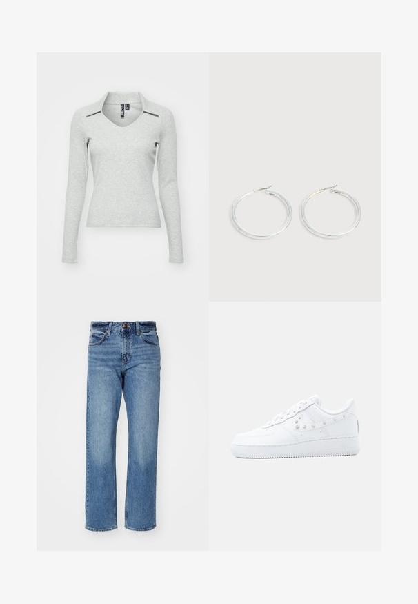 Top de manga larga en un gris claro, con escote en V y cuello, fabricado en un suave tejido texturizado que presenta un diseño ajustado y un detalle mínimo.; Vaqueros de pierna recta en azul claro, hechos de mezclilla. Cuentan con cinco bolsillos, un cierre clásico con botón y un ligero desgaste en toda la tela.; Zapatilla blanca Nike Air Force 1 con detalle de Swoosh tachonado y suela gruesa, mostrada sobre un fondo liso gris claro.; Pareja de pendientes de aro plateados brillantes con cierres de alambre delgado, mostrados sobre un fondo gris claro.