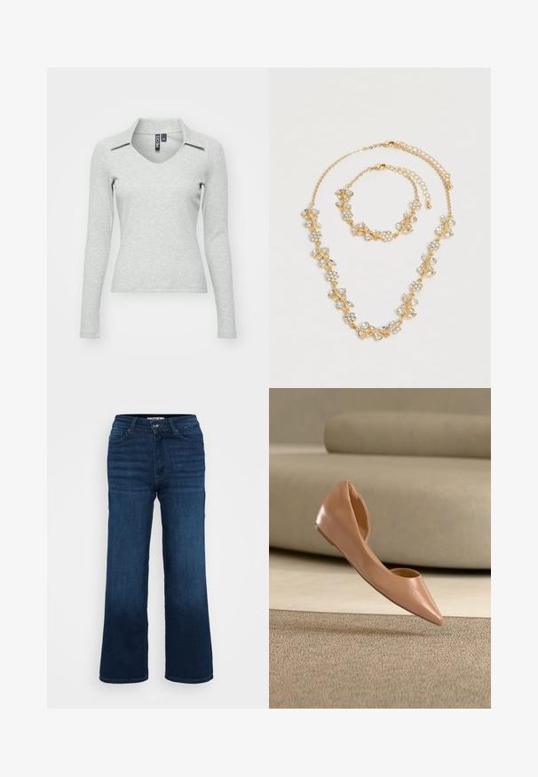 Helehall pikem varrukas V-kaelusega topp, millel on krae, pehmest tekstuurist kangast, ilusasti istuv disain ja minimaalne detailide arv.; ONLY Petite ONLMADISON BLUSH WIDE - Wide leg - dark blue denim; Beežid tipptallaga madalad kingad kergelt volditud kandaga, riputatud tekstuuritud vaiba kohale neutraalses toonis ruumis.; Kullatooni kaelakee ja käevõru komplekt läbipaistvate kristalllille ja lehemustritega, mõlemal reguleeritavad ketasulgurid valgel taustal.