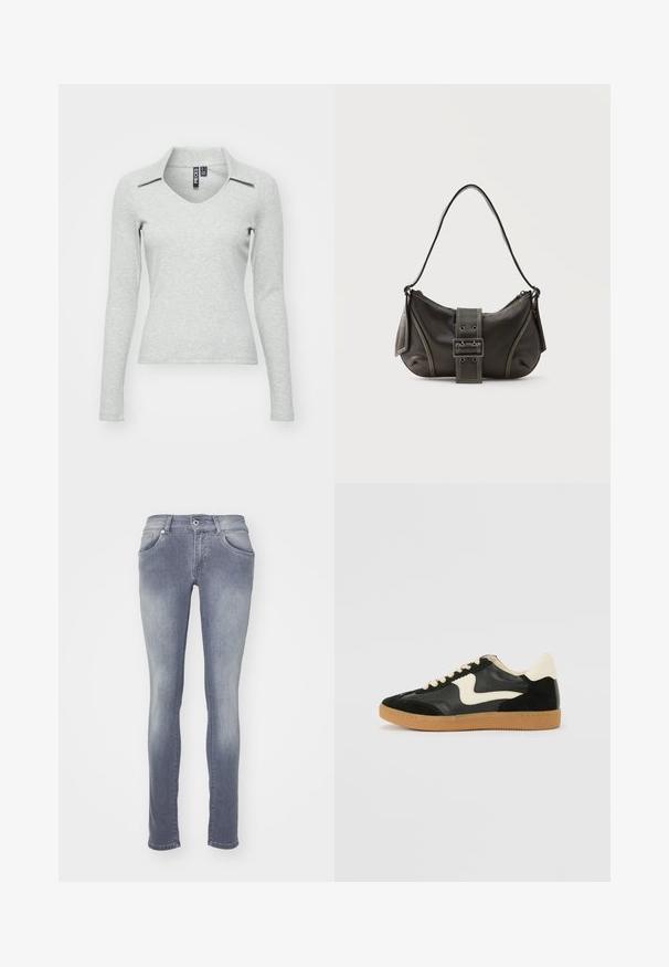 Lys grå langærmet V-hals bluse med krave, lavet af blødt, struktureret stof, der har en tætsiddende pasform og minimal detaljer.; Slank jeans i en mellemgrå vask, lavet af denim. Har fem lommer, bæltestropper og en falmet effekt omkring lår og knæ.; Sorte ruskinds- og lædersneakers med en cremefarvet side-swoosh og lys cremefarvet hæl. Har beige snørebånd og en gummirubber-sål.; Sort læder skuldertaske med spænde på remmen, afrundede kanter og kontrasterende hvide syninger på en ensfarvet baggrund.