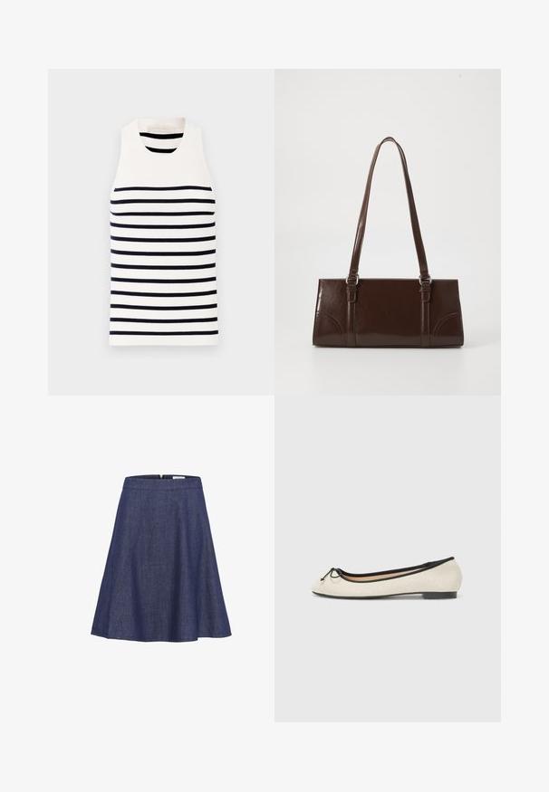 Vanessa Bruno EDEA - Top - ecru/marine; Denim A-lijnrok, donkerblauw, knie-lengte, met een soepele tailleband met een verborgen rits en een vloeiende silhoutte. Subtiele textuurdetail.; Balletschoen in een beige textiel met een zwarte rand. Heeft een ronde neus en een kleine strikaccent aan de voorkant. Laag profiel zool.; Bruine lakleren handtas met een rechthoekige vorm, twee lange handvatten en subtiele gebogen accenten aan de voorkant.