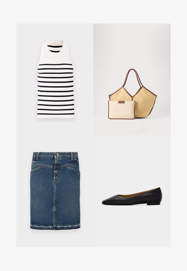Vanessa Bruno EDEA - Top - ecru/marine; Denimrock mit einem klassischen Blue-Wash, fünf Taschen-Design und fransigem Saum. Schließt mit einem vorderen Knopf und Reißverschluss.; Schwarzer flacher Schuh aus Leder mit spitz zulaufender Vorderkappe, niedrigem Absatz und glatter Oberfläche, von der Seite vor einem hellgrauen Hintergrund dargestellt.; Beige gewebte Tragetasche mit braunen Besätzen und Griffen, begleitet von einem kleineren beigen Beutel mit braunen Kanten und Reißverschluss.