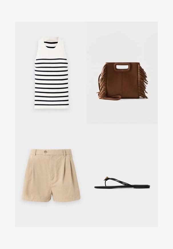 Vanessa Bruno EDEA - Top - ecru/marine; Filippa K HIGH WAIST PLEATED - Shorts - beige; Zwarte platte teensandaal met meerdere dunne bandjes en een kleine gouden druppelvormige decoratie op het voorste bandje.; Bruine leren handtas met rechthoekige uitgesneden handvatten, lange band en franjes aan beide zijden tegen een effen achtergrond.