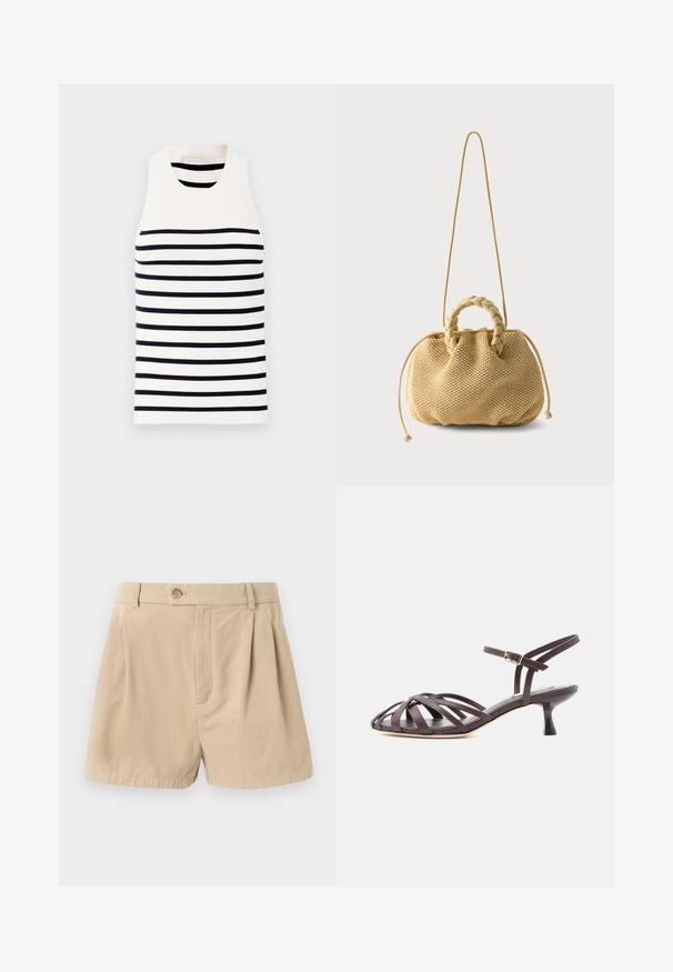 Vanessa Bruno EDEA - Top - ecru/marine; Filippa K HIGH WAIST PLEATED - Shorts - beige; Donkerbruine leren sandaal met bandjes en kitten heel, verstelbare gesp rond de enkel, op witte achtergrond.; Beige geweven handtas met gevlochten bovenhandvatten, tunnelzijden met trekkoord en een lange dunne schouderriem op een effen witte achtergrond.
