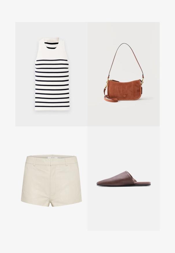 Vanessa Bruno EDEA - Top - ecru/marine; Beige leren shorts met een gladde textuur, voorzien van een aansluitende taille, riemlussen en subtiele stiksels aan de voorkant. Eenvoudig, hedendaags ontwerp.; Bruine leren instapschoen met puntige neus en platte zwarte zool, zijaanzicht op witte achtergrond.; Bruine suède schoudertas met gouden hardware, korte riem, afneembare langere riem en klein Coach-logo in het midden aan de voorkant.