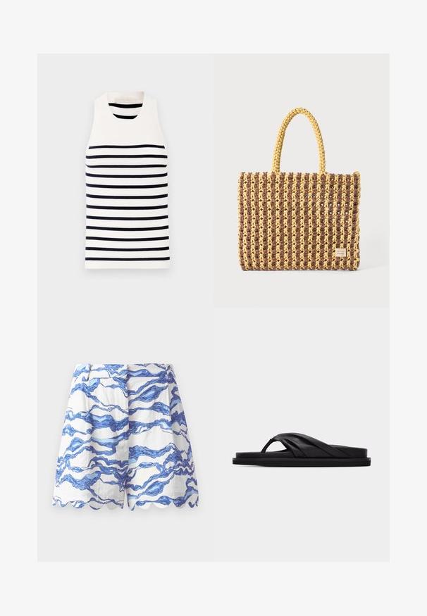 Vanessa Bruno EDEA - Top - ecru/marine; Hvide shorts med blåt bølgemønster, bølgede kanter, letvægtsstof, plisseret front og en afslappet pasform. Velegnet til afslappet brug.; Sort flad sandal med polstret krydsrem og tåstolpe, minimalistisk design på ensfarvet lysegrå baggrund.; Vævet taske i brun og gul, med en rektangulær form, to håndtag, og en tekstureret overflade med synlige sting og et mærke.