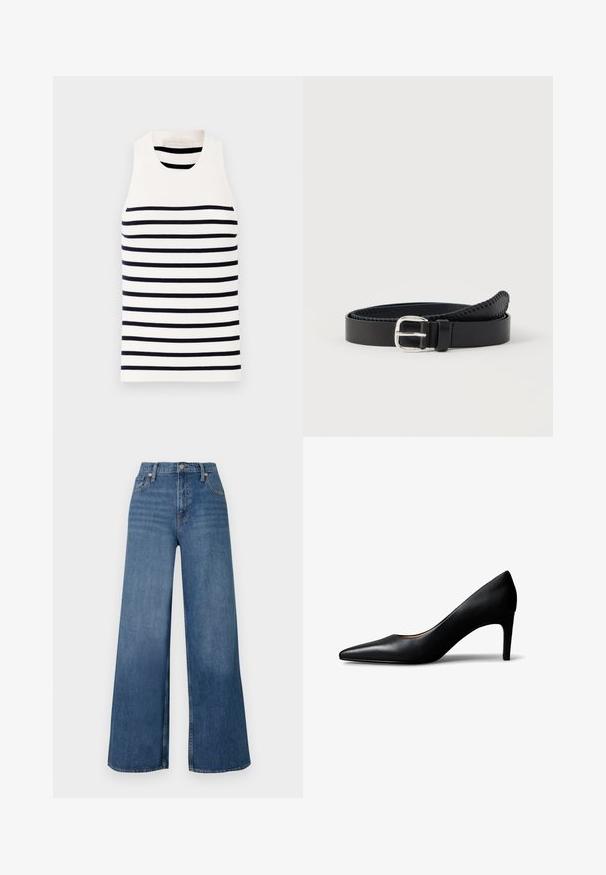 Vanessa Bruno EDEA - Top - ecru/marine; Jeans de pernera ancha en denim, con cintura alta, cierre frontal de botón y diseño clásico de cinco bolsillos. Textura suave.; Zapato de mujer tipo pump de cuero negro con punta afilada y tacón medio, mostrado de lado sobre un fondo blanco.; Cinturón de cuero negro con hebilla metálica plateada, con un acabado liso y detalles cosidos a lo largo del borde. Diseño clásico.
