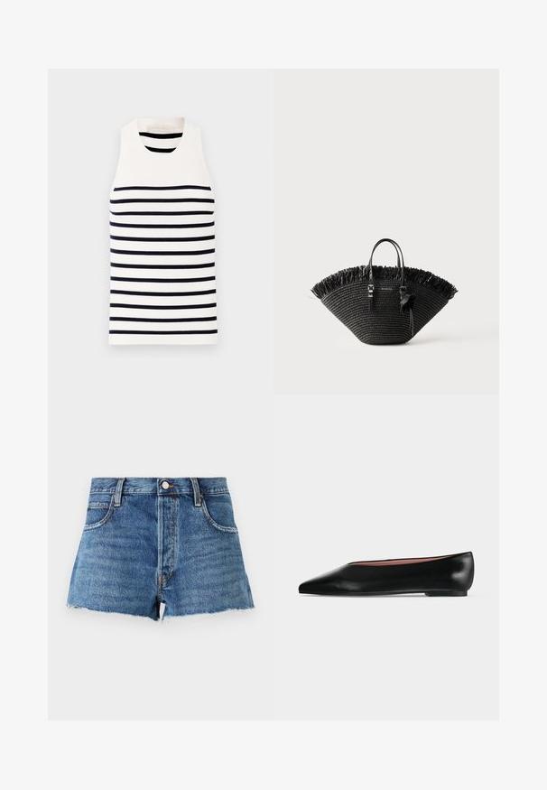 Vanessa Bruno EDEA - Débardeur - ecru/marine; FRAME THE HANG - Short en jean - dark blue; Chaussure plate en cuir noir pour femme, avec bout pointu et petit talon, vue de côté sur un fond gris clair uni.; Sac fourre-tout tissé noir avec une large forme en éventail, bord supérieur frangé, deux poignées et un noeud décoratif sur une des poignées.