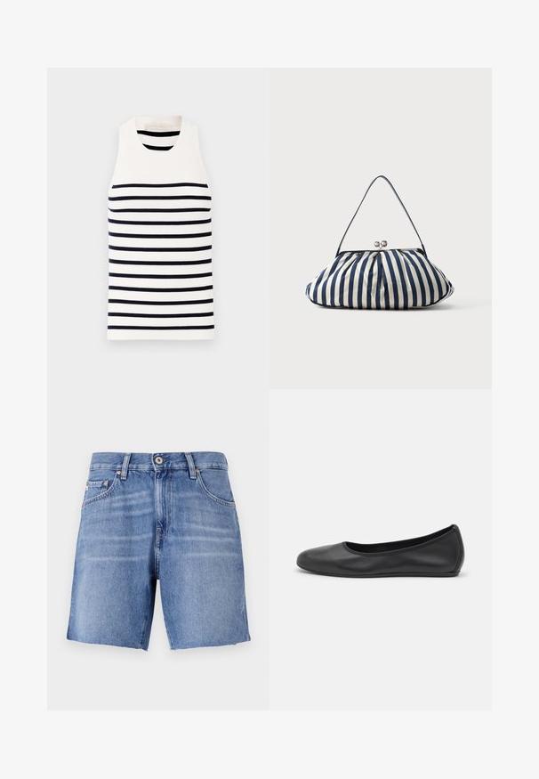 Vanessa Bruno EDEA - Débardeur - ecru/marine; Shorts en denim bleu clair avec une coupe droite, ourlet effilé, cinq poches et fermeture à bouton métallique. Le tissu a une texture lisse avec un léger délavage.; Ballerines en cuir noir avec un bout rond, texture lisse, détails de couture minimalistes et design de semelle flexible.; Sac à main en tissu rayé vertical bleu marine et blanc avec fermoir argenté et fine bandoulière sur fond clair.