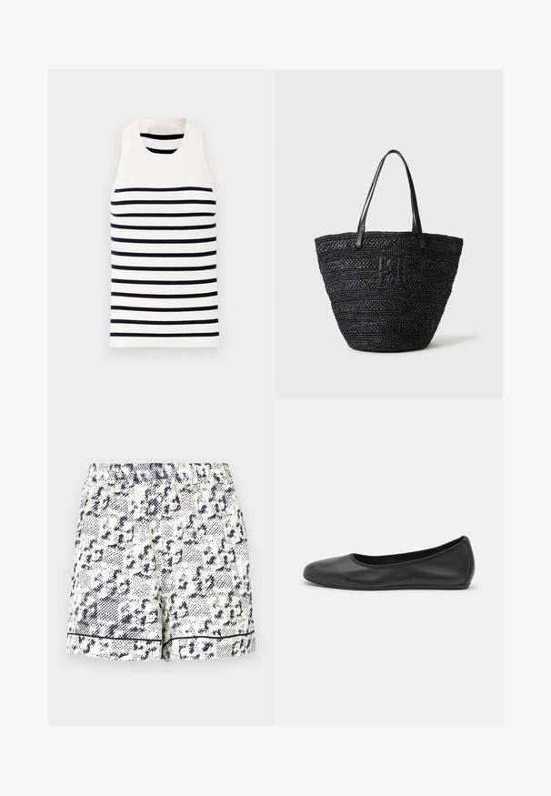 Vanessa Bruno EDEA - Top - ecru/marine; Hvide shorts med et sort abstrakt mønster, elastisk talje og solid sort kant langs kanten. Fremstillet af et letvægtsstof.; Sort læderballetsko med rund tå, glat tekstur, minimal syning og et fleksibelt såldesign.; Sort vævet tote taske med to tynde læderhåndtag og et diskret fletlogo foran, stående mod en lys baggrund.