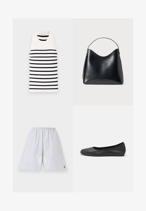 Vanessa Bruno EDEA - Débardeur - ecru/marine; Short blanc avec fines rayures verticales grises, taille élastique, et petit logo noir près de l'ourlet sur la jambe droite.; Ballerines en cuir noir avec un bout rond, texture lisse, détails de couture minimalistes et design de semelle flexible.; Sac en cuir noir au design lisse et structuré, avec un dessus arrondi et une courte anse. Minimaliste, sans accents de quincaillerie visibles.