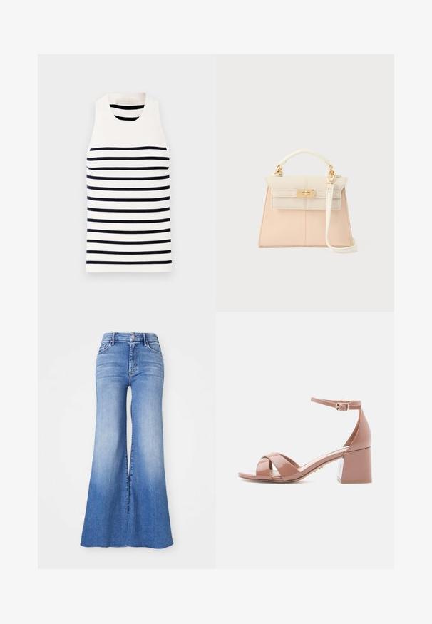 Vanessa Bruno EDEA - Débardeur - ecru/marine; Jeans en denim évasés dans un lavage bleu clair, avec une taille haute, des jambes larges distinctives et un léger dégradé vers l'ourlet. Fermeture par bouton et zip.; Sandales à talon carré en cuir verni nude, avec un design de lanières croisées et une bride de cheville avec une boucle dorée. Texture lisse, bout ouvert.; Sac à main structuré en cuir rose pâle et blanc avec une fermeture dorée, une poignée supérieure et une bandoulière réglable pour un porté polyvalent.
