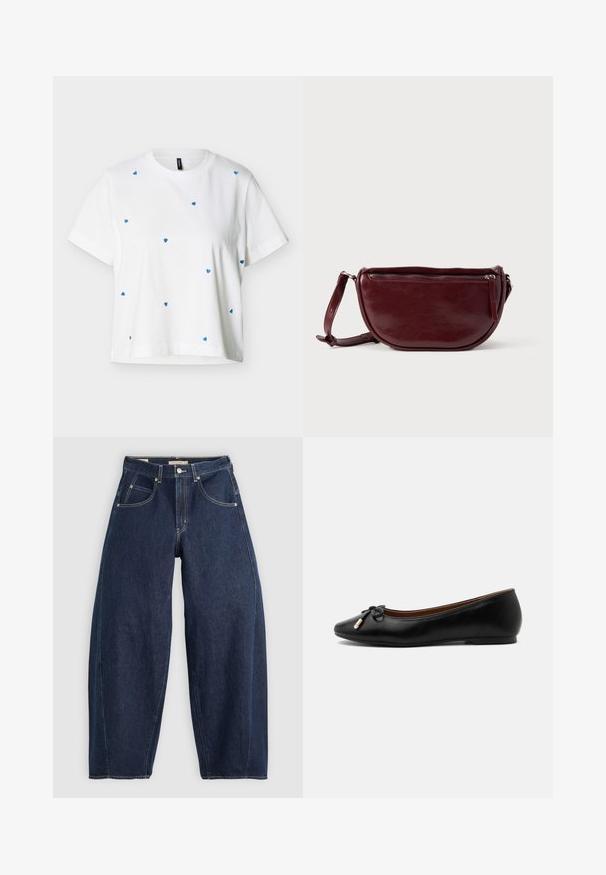 Weißes T-Shirt mit kurzen Ärmeln und rundem Ausschnitt, mit kleinen blauen Herzmustern, die sich über Vorderseite und Ärmel verteilen.; Dunkelblaue Denim-Jeans mit lockerer Passform, heller Naht, fünf Taschen und einem Knopfverschluss am Bund.; Schwarzer Ballerina aus Leder mit abgerundetem Zehenbereich, kleiner Schleife mit goldfarbenen Enden und niedrigem flachem Absatz auf grauem Hintergrund.; Dunkelroter Lederhandtasche in halbmondförmiger Form mit Reißverschluss und abnehmbarem Tragegurt. Glatte Textur mit dezentem Glanz.