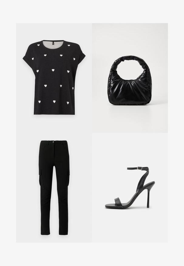 Schwarzes Kurzarm-T-Shirt mit verstreuten kleinen weißen Herzmustern, rundem Ausschnitt und lockerer Passform. Hergestellt aus einem weichen Textilmaterial.; Schwarze Cargo-Hosen mit slim Fit, ausgestattet mit seitlichen Taschen, einem Knopfverschluss und einem glatten, leicht strukturierten Stoff.; Schwarze High-Heels-Sandalen mit schlankem Knöchelriemen und zwei vorderen Riemen. Aus glattem Leder gefertigt, mit einer eleganten spitzen Zehenform und einem Stiletto-Absatz.; Schwarze gepolsterte Handtasche mit einem runden Griff, die eine glatte, glänzende Oberfläche und eine weiche, gestepfte Textur aufweist. Keine sichtbare Hardware oder Akzente.