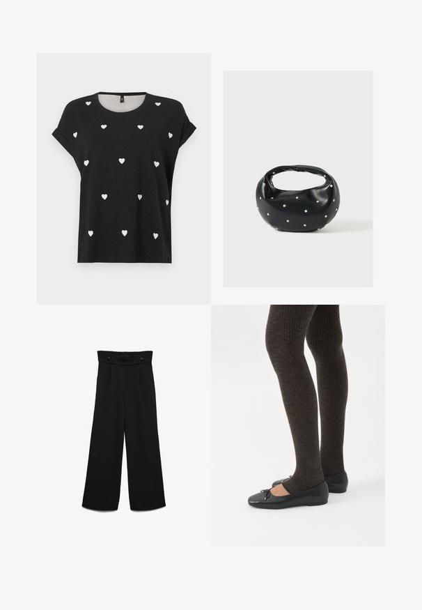 Camiseta negra de manga corta con pequeños patrones de corazones blancos dispersos, cuello redondo y ajuste relajado. Hecha de un material textil suave.; Pantalones negros de pierna ancha con una pretina alta, que cuentan con dos botones frontales y una textura suave. Corte recto con pliegues en la parte delantera.; Piernas con leggings oscuros acanalados combinados con bailarinas negras que presentan pequeños detalles de lazo sobre un fondo blanco.; Bolso de mano de cuero negro con forma redondeada, decorado con detalles de tachuelas plateadas y un asa corta. Textura lisa y cierre con cremallera.