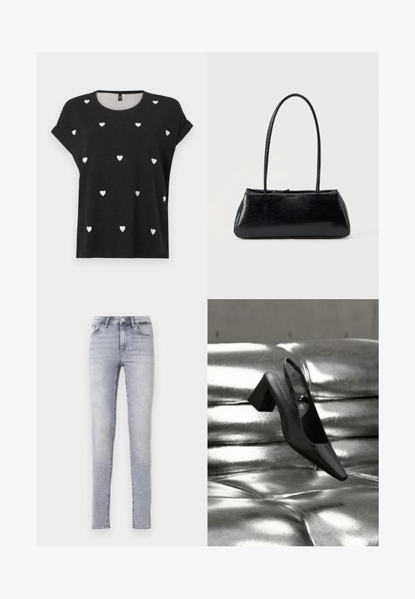 Schwarzes Kurzarm-T-Shirt mit verstreuten kleinen weißen Herzmustern, rundem Ausschnitt und lockerer Passform. Hergestellt aus einem weichen Textilmaterial.; Hellgraue Skinny-Jeans aus Denim mit hoher Taille, Gürtelschlaufen und klassischem 5-Taschen-Design mit dezenten Verwaschungen.; Schwarzer Slingback-Absatz mit spitz zulaufender Spitze, der eine strukturierte Oberfläche und einen massiven Blockabsatz aufweist. Auf einem glänzenden, metallischen Hintergrund platziert.; Schwarze rechteckige Schultertasche mit langen dünnen Trägern und einer glatten, glänzenden Textur auf einfarbigem Hintergrund.