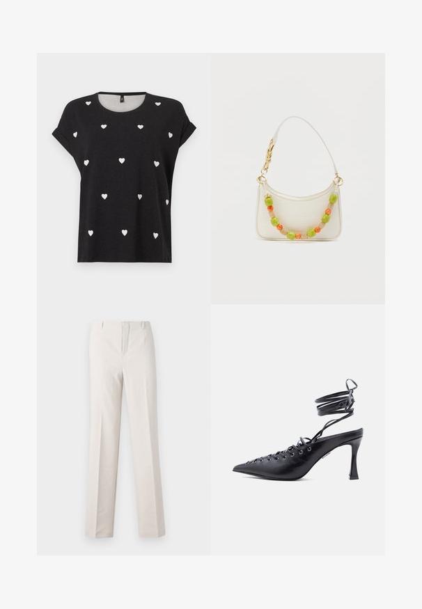 T-shirt noir à manches courtes avec des motifs de petits cœurs blancs éparpillés, col rond et coupe décontractée. Confectionné dans un tissu doux.; Pantalons beige sur mesure avec une coupe droite, présentant une texture lisse, deux poches avant et sans détails matériels visibles.; Chaussure à talon haut noire à bout pointu avec brides enveloppantes autour de la cheville et plusieurs œillets sur le devant pour laçage.; Sac à main blanc embossé croco avec un design incurvé, orné d'accents perlés colorés en vert, orange et beige, doté d'une bandoulière chaîne dorée.