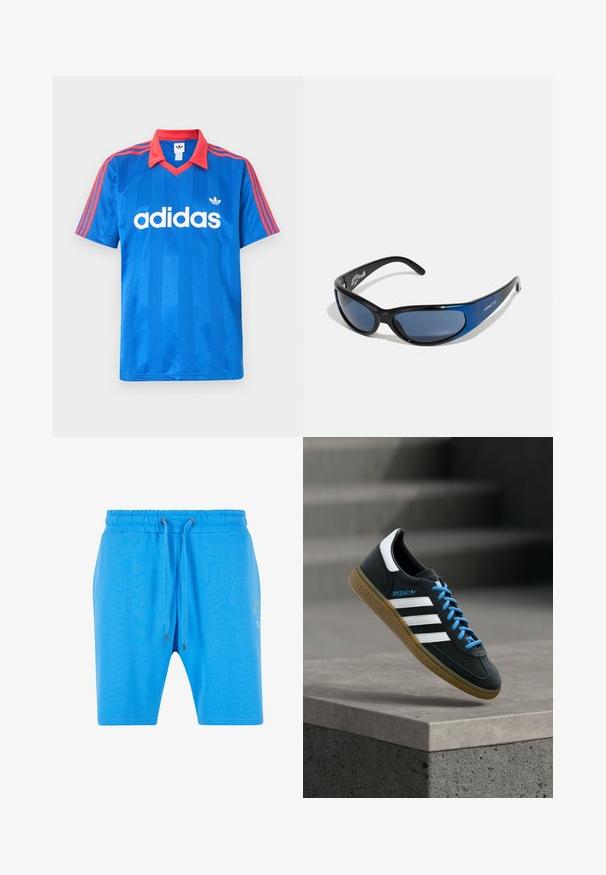 Camiseta deportiva azul de Adidas de manga corta con cuello rojo y rayas en los hombros, que presenta el logo blanco de Adidas y el emblema de trébol en el pecho.; Pantalones cortos de algodón azul con una cinturilla elástica, cierre de cordón y un sutil detalle gráfico en el lado. Textura suave y corte holgado.; Zapatilla negra Adidas con franjas blancas, cordones azules y suela de goma flotando sobre un escalón de hormigón gris con luz suave.; Gafas de sol con montura de plástico negro y acentos azules, diseño envolvente, lentes oscuros, con brazos texturizados y detalle de logo.
