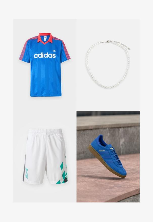 Modrá športová krátkoročná košeľa Adidas s červeným golierom a pruhmi na pleciach, s bielym logom Adidas a emblémom trefoil na hrudi.; Biele športové šortky s elastickým pásom, zdobené teal geometrickým vzorom a čiernymi akcentmi na stranách. Obsahujú veľké číslo "3".; Modrá teniska Adidas Spezial s gumovou podrážkou, šnúrky zviazané, zavesená nad hladkým kamenným povrchom blízko sivej betónovej steny.; Biely perlový náhrdelník s rovnomerným guľatým tvarom, hladkým povrchom a kovovým zapínaním s predlžovacím reťazcom na nastaviteľnú dĺžku.