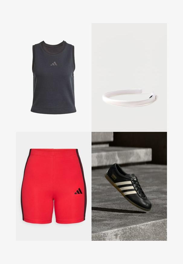 Mørkegrå ærmeløs top i blødt stof med rund halsudskæring og et logo foran i en mørkere nuance. Har en afslappet pasform og rene sømme.; Røde atletiske shorts lavet af strækbart stof, med sorte sidelæder og et lille sort logo nederst til venstre. Glat tekstur, tætsiddende design.; Sort lædersneaker med hvidt trestribet design, teksturerede detaljer, sorte snørebånd og en gum-sål. Brandlogo synligt på tungen.; Hvid polstret satin hovedbånd med små rhinestone accenter i den ene ende, sat mod en ensfarvet lys baggrund.
