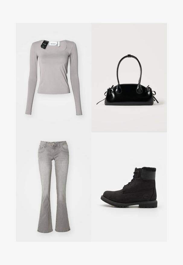 Chemise à manches longues en gris clair, avec un décolleté carré, coupe ajustée et tissu lisse. Comprend des étiquettes attachées au niveau du décolleté.; Jeans gris évasés avec une taille mi-haute, poches avant et fermeture à bouton, fabriqués en denim avec une texture lisse.; Bottine en cuir noir avec un bout rond, lacets à l'avant, col en fausse fourrure et semelle en caoutchouc. Présente un logo de marque sur le côté.; Petit sac à main noir brillant avec deux longues anses et des détails à cordon sur les côtés sur un fond clair uni.