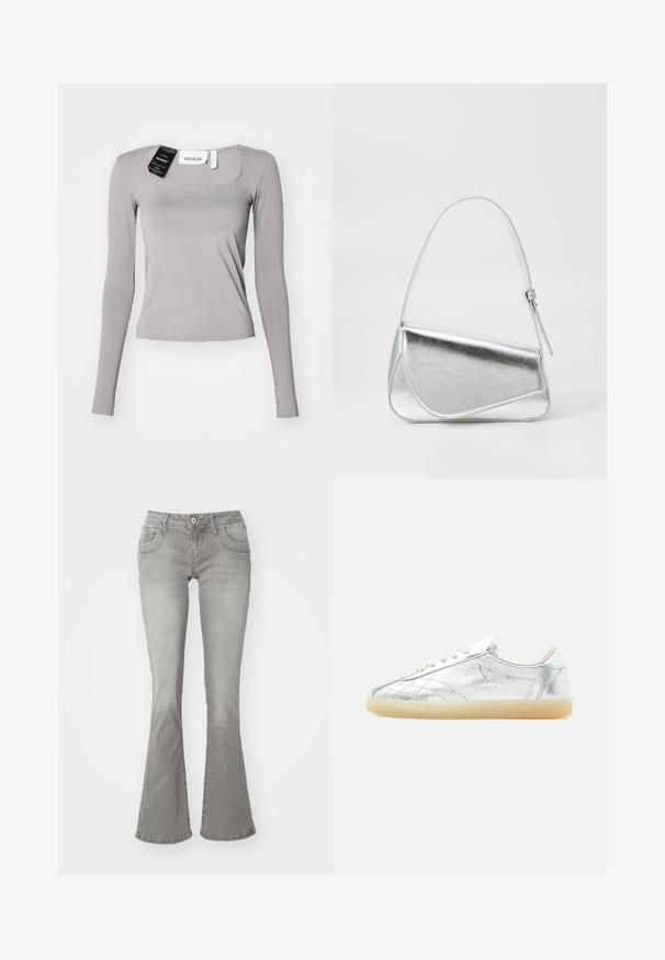 Chemise à manches longues en gris clair, avec un décolleté carré, coupe ajustée et tissu lisse. Comprend des étiquettes attachées au niveau du décolleté.; Jeans gris évasés avec une taille mi-haute, poches avant et fermeture à bouton, fabriqués en denim avec une texture lisse.; Basket basse profil avec dessus texturé argent métallisé, lacets blancs et semelle en caoutchouc beige semi-translucide, vue de côté sur fond blanc.; Sac à main en métal argenté de forme triangulaire, texture lisse et fine bandoulière réglable. Présente un design rabat avec couture.