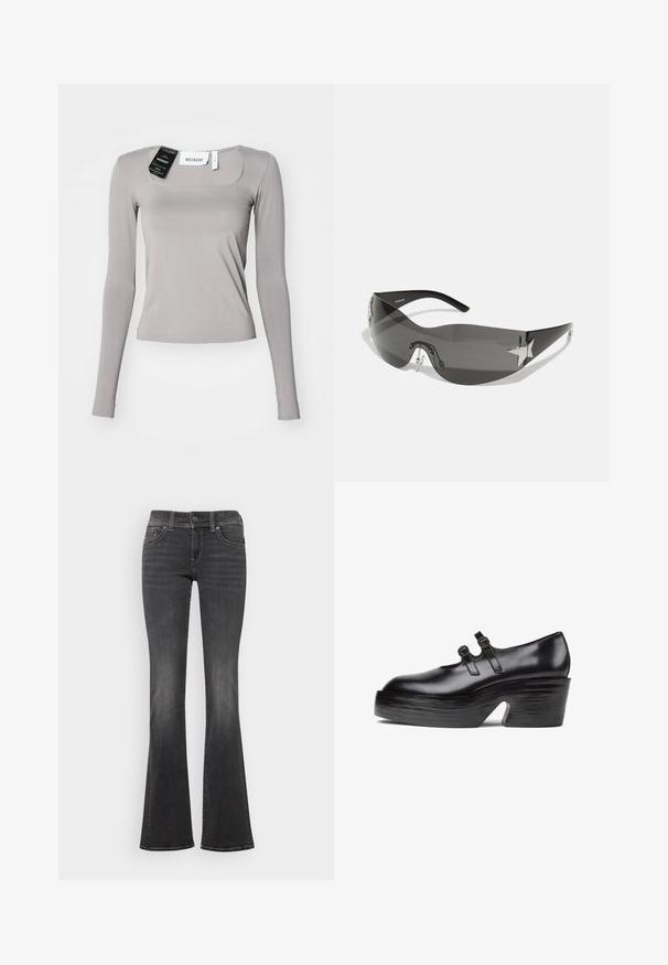 Langarmshirt in lichtgrijs, met een vierkante halslijn, slim fit en gladde stof. Inclusief labels bevestigd aan de halslijn.; Donkergrijze spijkerbroek met een subtiele vervaging, gemiddelde taille, knoopsluiting en lichte flare aan de pijpen.; Zwarte gepatineerde leren Mary Jane schoen met twee gespsluitingen, dikke plateauzool en lage blokhak op witte achtergrond.; Zwarte zonnebril met een wrap-around ontwerp, donkergetinte glazen, glanzende stervormige accenten en verstelbare neussteunen.
